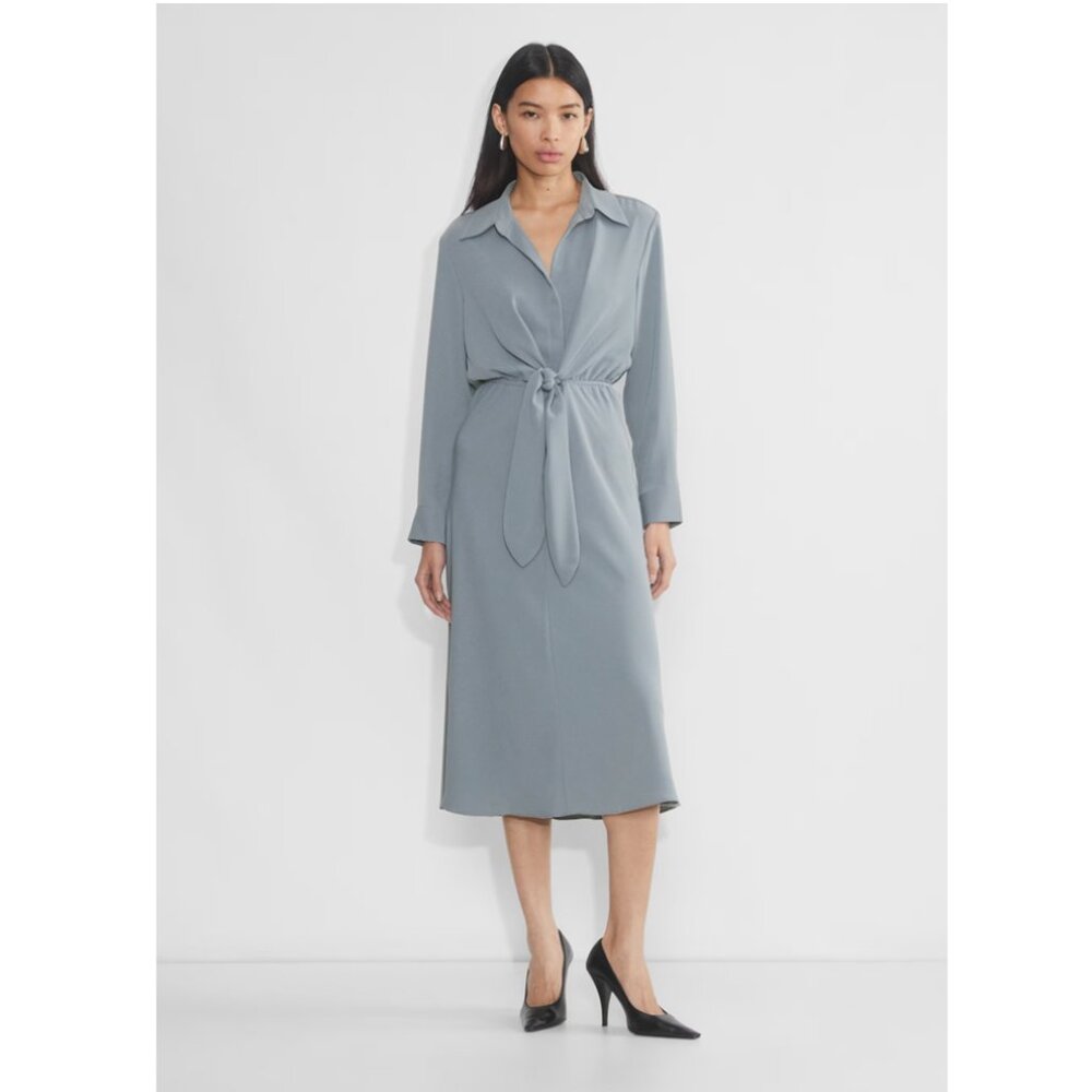 Aritzia Slate Blue Tie-Front Shirt Midi Dress